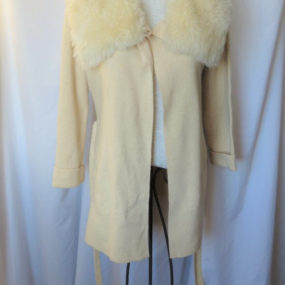 Escada Oatmeal Belted Sweater Jacket Faux Fur Trim - Picture 3 of 9